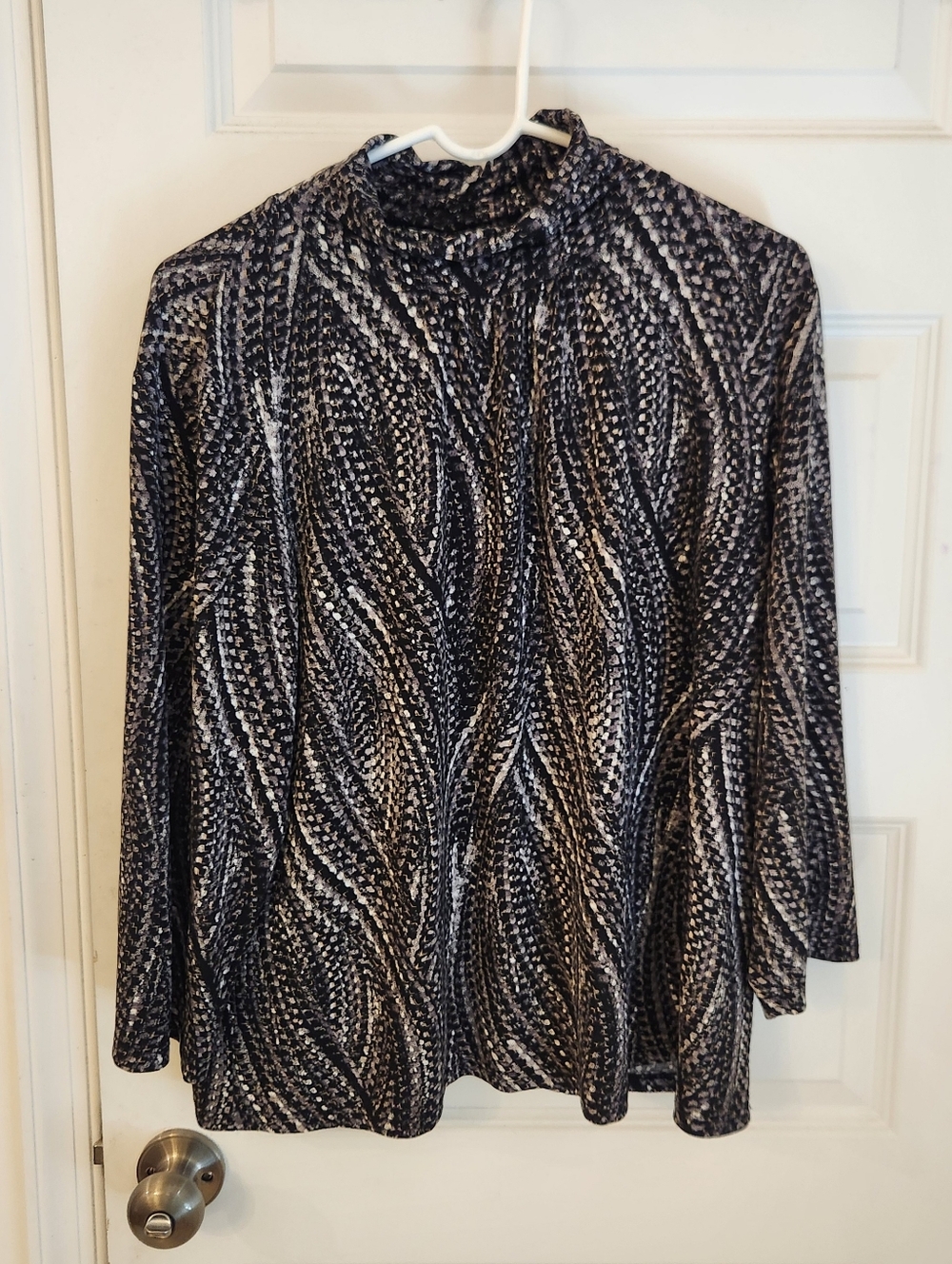 Susan Graver Blouse Top Size XL Mock Neck 3/4 Sleeves Gray Black #P1338